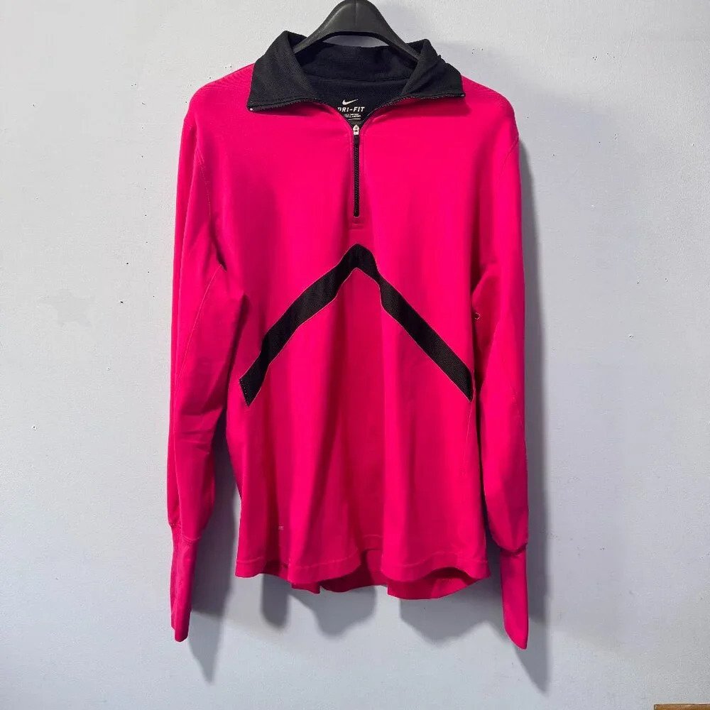Nike Dri-FIT Womens 1X Pink Quarter Zip Pullover Chevron Thumbhole Active Top